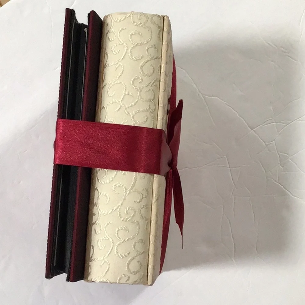 Ivory‎ White Embroidered Brocade Burgandy Red Satin Ribbon Photo Albums Set of 2